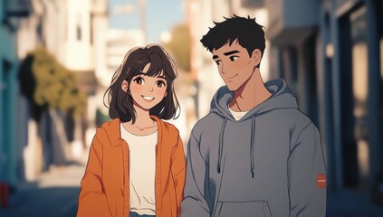 Fototapeta premium A romantic anime-style scene of a young woman in a red cardigan and white t-shirt, holding hands with her boyfriend in a gray hoodie as they walk through a city at sunset with a river view.