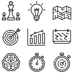 Set of outline icons related to strategy. Linear icon collection. Editable stroke. Vector illustration