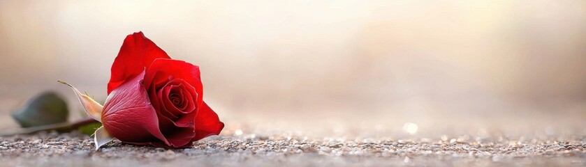 Single Vivid Red Rose Lying Peacefully on Ground with Dreamy Soft Background and Gentle Light Glow