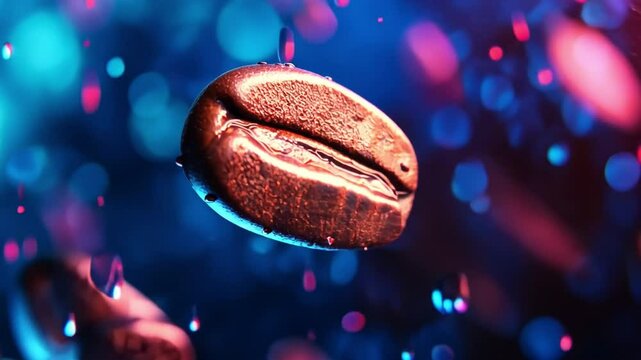 Coffee Bean in Neon Light: A single, rich, roasted coffee bean floats against a vibrant backdrop of neon blue and pink bokeh, creating a captivating and almost surreal image.
