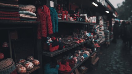 Naklejka premium Winter Market Stall Displays Handmade Knitwear Goods