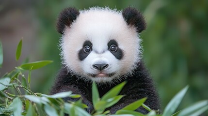 Fototapeta premium Adorable panda cub peeking through bamboo, lush forest background; perfect for nature, wildlife calendars