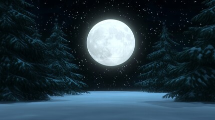 Naklejka premium Winter Night Scene Full Moon Snow Covered Trees