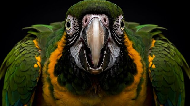 Dramatic Close-Up of a Colorful Parrot Showcasing Its Striking Features and Vibrant Plumage