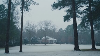 Winter Snowfall on Suburban House and Trees