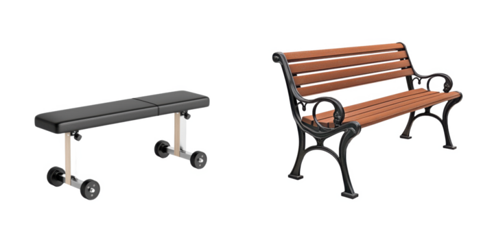 The image features two benches: a sleek, black workout bench and a traditional wooden park bench with ornate armrests.