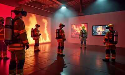 A hyper-realistic fire simulation training center where firefighters use virtual reality headsets to practice life-saving tech