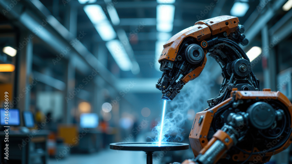 Poster a robotic arm reaching out with a tool over a heat source inside an industrial setting.