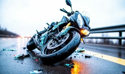 Obraz premium Damaged Motorcycle on Wet Road After Accident
