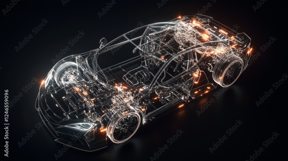 Aufkleber Glowing lines and dots create an intricate wireframe of a futuristic car, revealing its internal components against a dark backdrop and showcasing automotive innovation