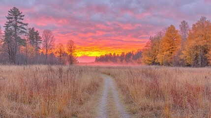 Autumn sunrise path through misty field