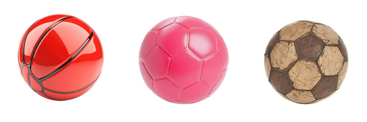 Three distinct sports balls: a red basketball, a pink soccer ball, and a weathered brown football, each showcasing unique colors and designs.