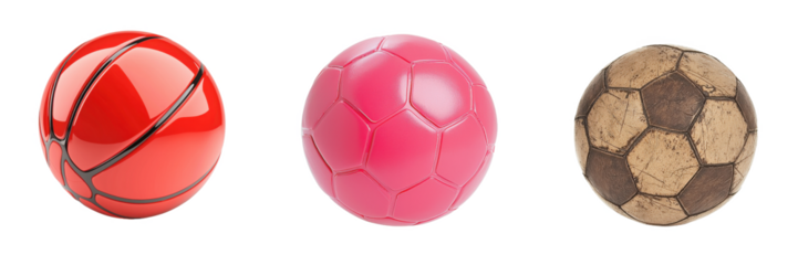 Three distinct sports balls: a red basketball, a pink soccer ball, and a weathered brown football, each showcasing unique colors and designs.