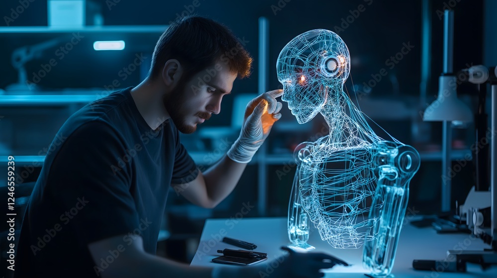 Poster cognitive computing exploration: researcher analyzing advanced artificial intelligence prototype in 