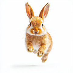 Fototapeta premium A bright, inquisitive golden rabbit leaps forward against a stark white background, showcasing its fluffy fur and attentive posture.