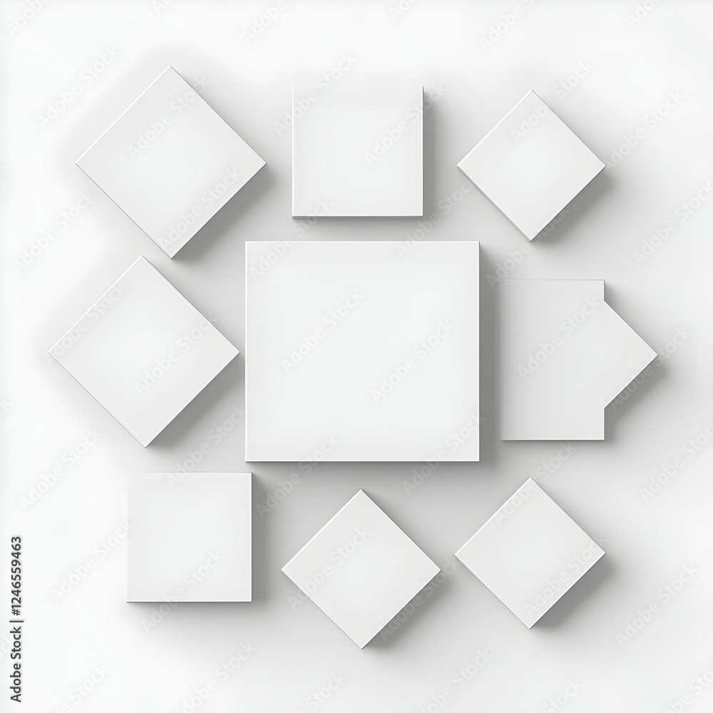 Poster Abstract arrangement of blank white squares on white background. Possible use Presentation of empty product boxes