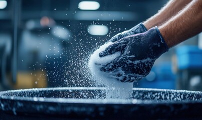 Washing Car Tires with Foam and Hands
