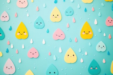 Naklejka premium Colorful raindrop characters with happy faces on a playful blue background