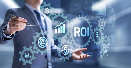 ROI Return on investment reading revenue business concept on virtual screen.