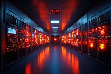 Fototapeta premium A dimly lit server room with rows of illuminated equipment, showcasing a high-tech, futuristic atmosphere with red lighting.