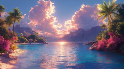 Tropical Paradise with Crystal Clear Waters and Sunset Glow