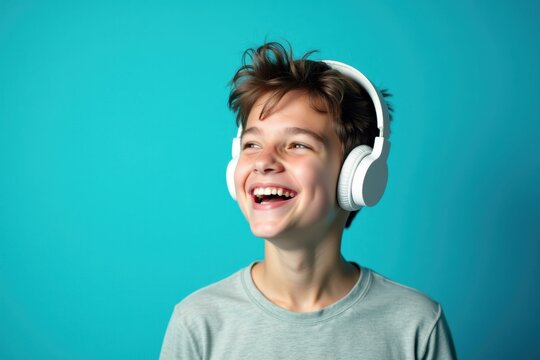 Boy is wearing headphones and smiling while standing against blue wall