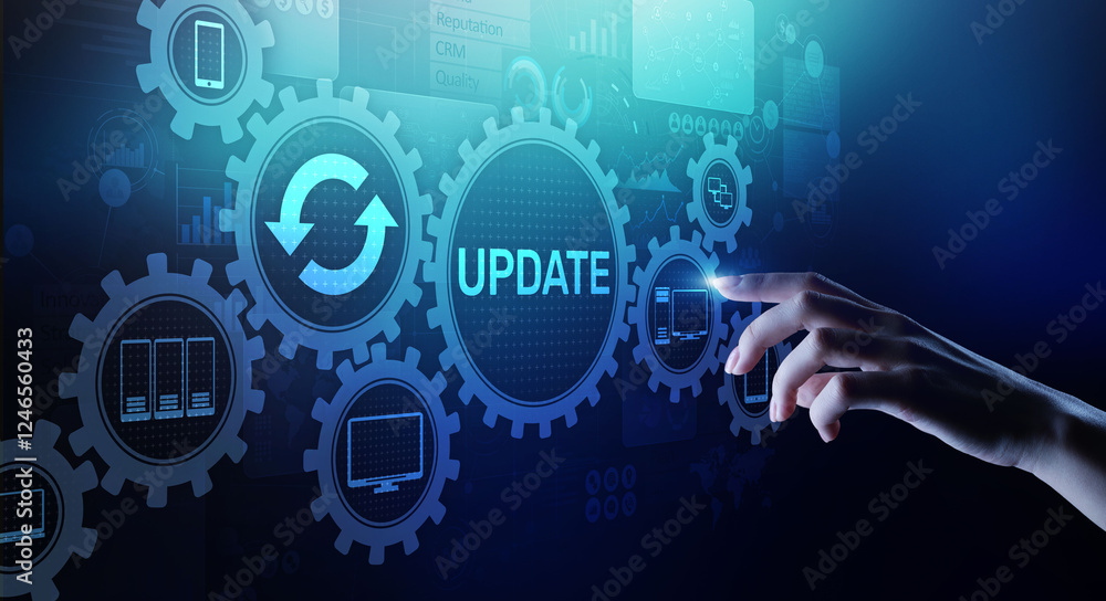 Poster update system upgrade software version technology concept on virtual screen.