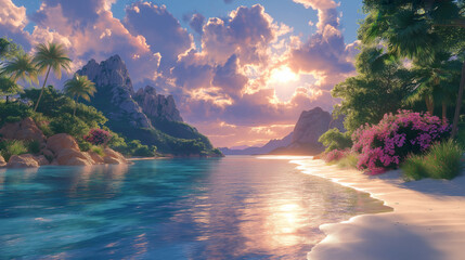 Tropical Paradise with Crystal Clear Waters and Sunset Glow