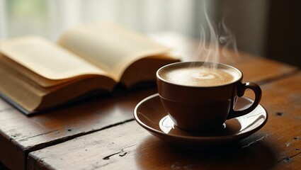 Steaming cup of coffee with creamy foam beside open book on warm wooden table

