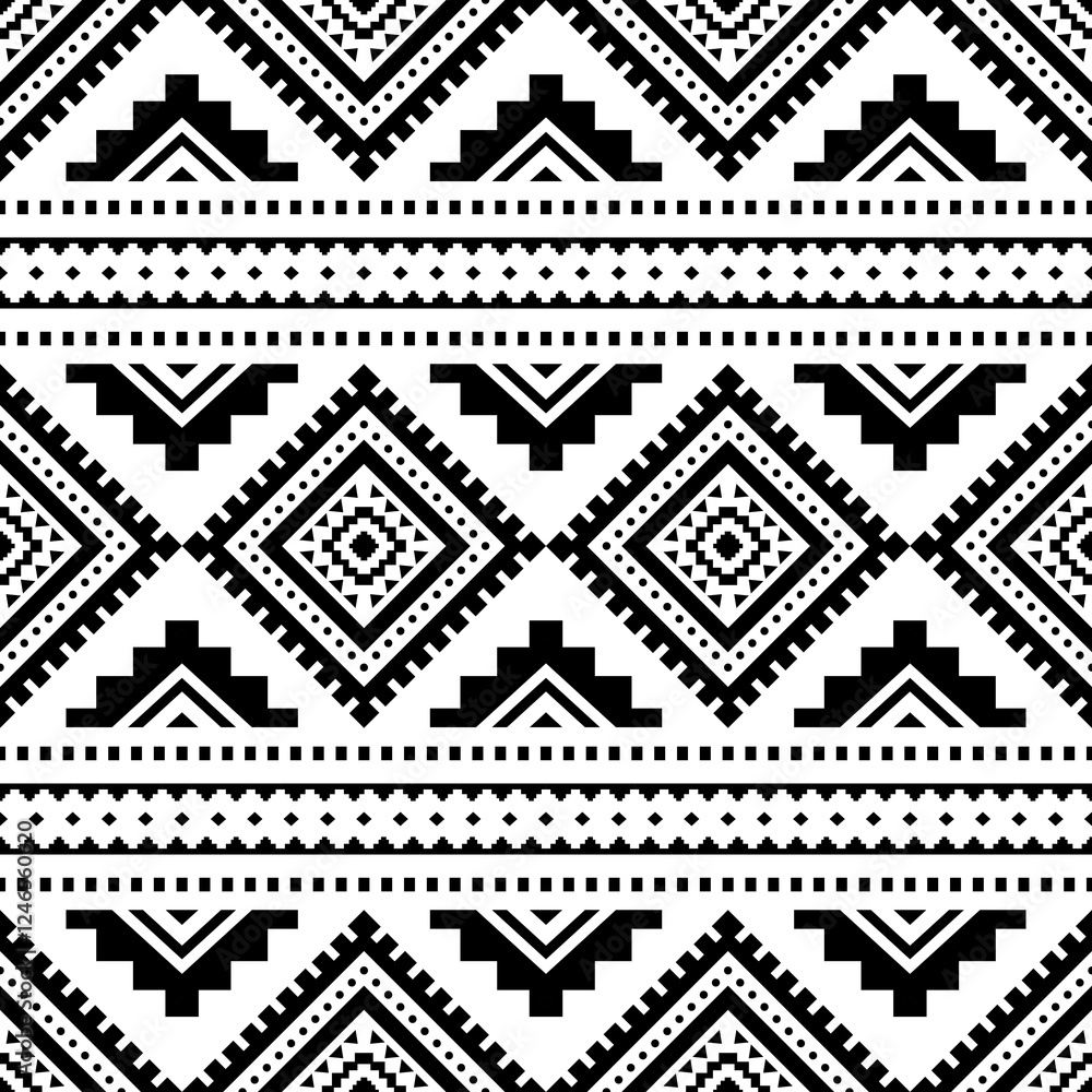 Wall mural Southwest Aztec geometric Native American Mexican Navajo tribal ethnic boho indian texture ornament seamless pattern fabric black and white design vector for woven textile printing blanket rug carpet 