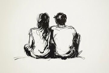 Ink drawing representing a couple sitting together, enjoying a peaceful and intimate moment