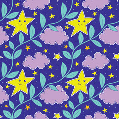Abstract seamless pattern. Stars, sky, vine, clouds, plants, leaves