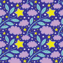 Abstract seamless pattern. Stars, sky, vine, clouds, plants, leaves