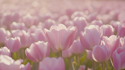 Obraz premium Field of Pastel Pink Tulips in Bloom, Bathed in Soft Sunlight, with Creamy Bokeh Background