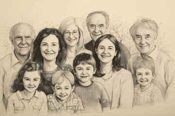 Ten members of a large family, spanning three generations, smile together in a beautiful pencil drawing