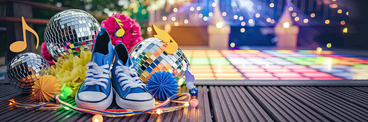 Fototapeta na wymiar Fun Party Shoes Disco Ball Dance Night Festive Decor