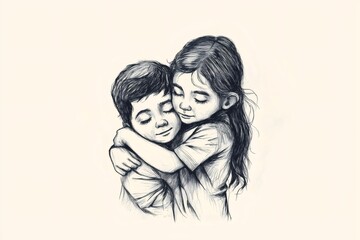 Heartwarming ink sketch captures the tender moment of two young children embracing, symbolizing love, family bonds, and childhood affection