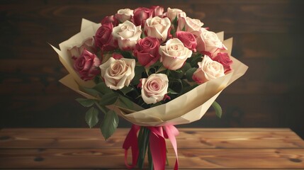 A large bouquet of pink and white roses wrapped in paper, placed on a wooden table with a red ribbon.
