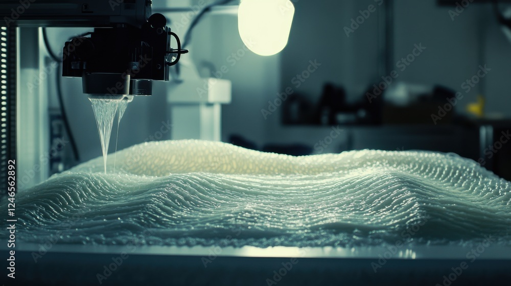 Poster innovative 3d printer creating textured surface in modern workshop