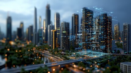 Naklejka premium Exploring the Futuristic City: Bright Skyscrapers Illuminated by Sustainable Green Technology in an AI-Driven Metaverse and Virtual Reality Experience