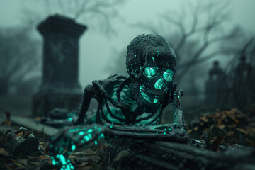 The sceleton liberating itself from the grave to go for new adventures in the night