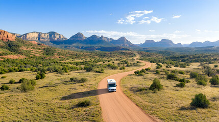 Obraz premium Aerial view of camper van on a scenic dirt road through desert mountains. Possible use Travel brochure, nature photography