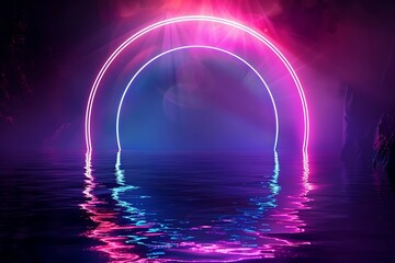 abstract scene with neon light and reflection in water, 3d render