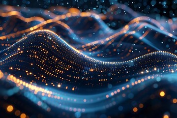 3D rendering of abstract digital background. Futuristic wave of glowing particles with depth of field and bokeh.