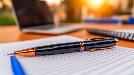 Black Pen On Lined Paper With Laptop In Background