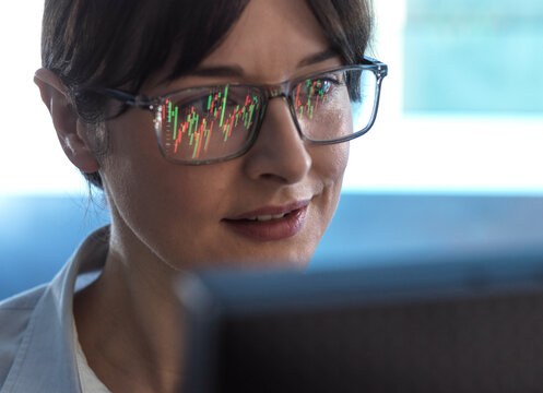 Financial analyst viewing stock market performance of a company share price.