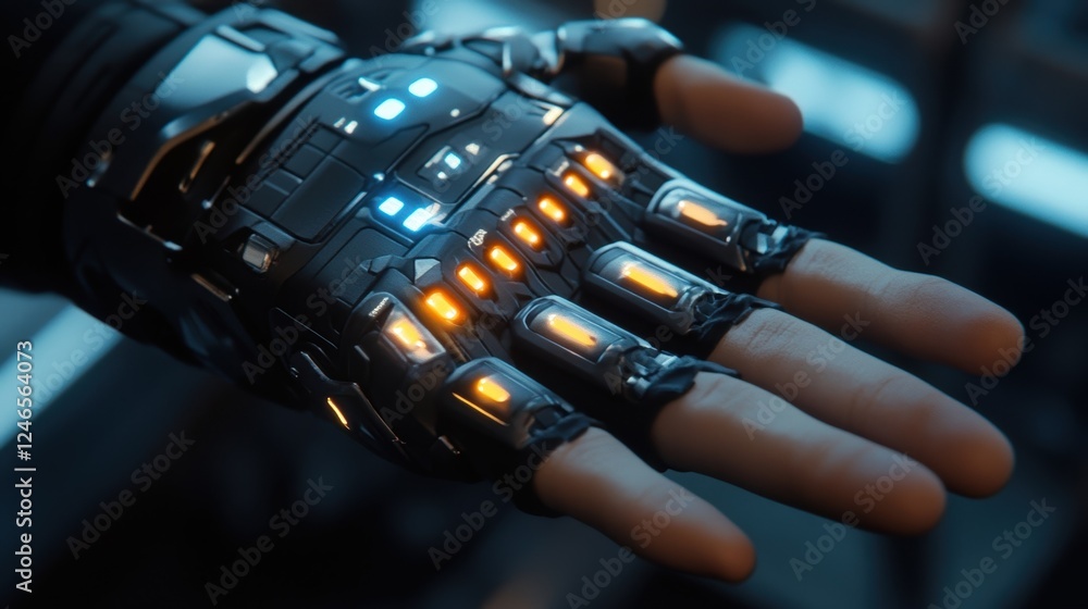 Aufkleber a closeup of a control interface embedded in an exoskeletons forearm with glowing indicators and tac
