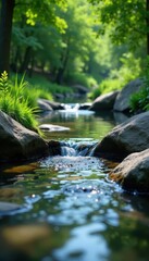 Fototapeta premium Gentle stream flowing into a tranquil pool with clear water surface, stream, natural