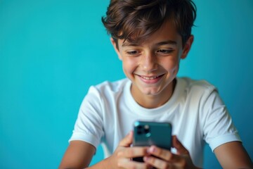 Boy is smiling while looking at his cell phone