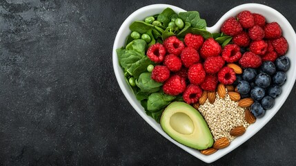 Healthy Heart-Shaped Bowl of Fresh Berries and Nutrient Foods